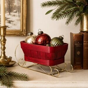 Vintage‎ Christmas Sleigh Basket Red Woven Holiday Decor Gold Sleigh Centerpiece